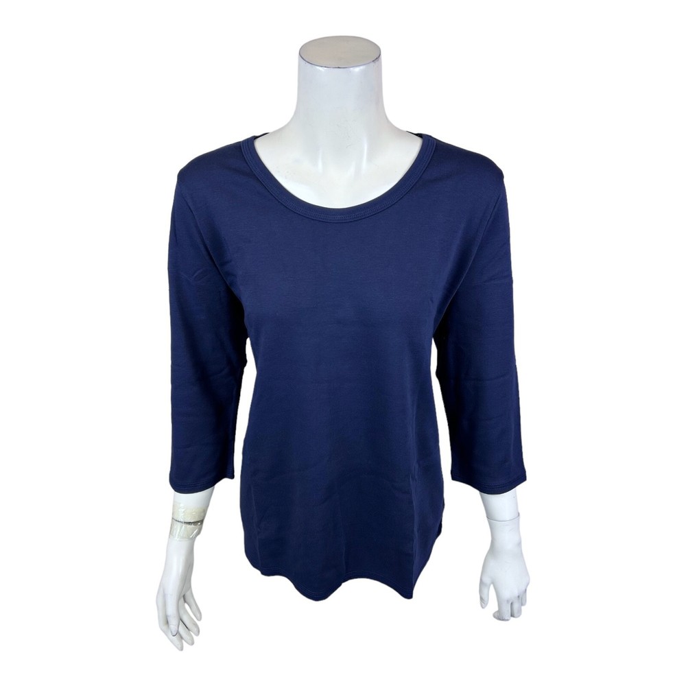Denim & Co. Essentials Interlock Scoop Neck 3/4 Sleeve Top Solid Navy Large Size